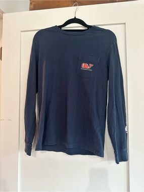 Vineyard Vines Navy Whale Football Long Sleeve Tee with White Logo XS